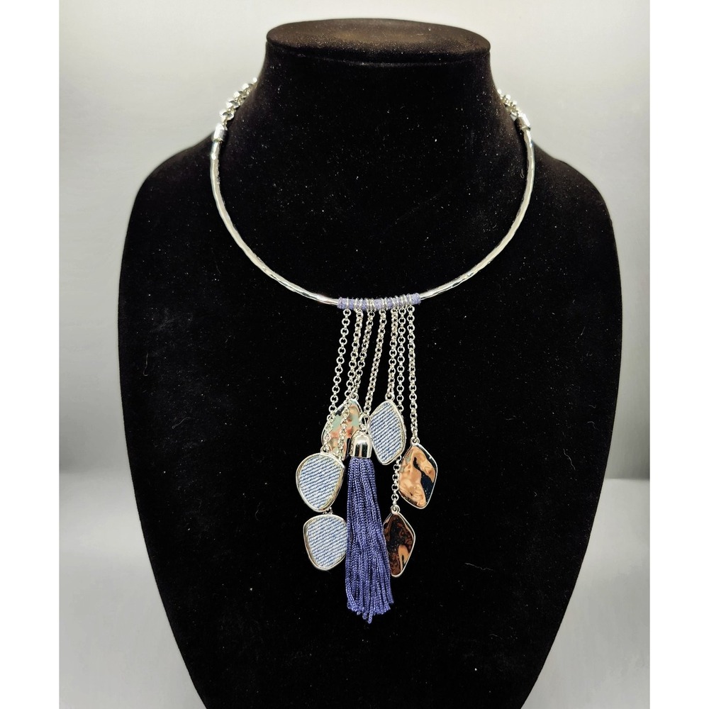 CHICO'S Choker Necklace Collar Adjustable Denim Tassel Charms Silver Tone Boho